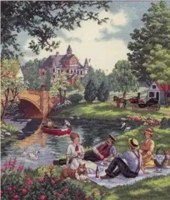 отова вишита картина хрестиком за набором Dimensions 35065 "Picnic on the Lawn" (Пікнік на галявині). Багатоплановий вікторіанський пейзаж із компанією на відпочинку, собакою коллі, червоним човном на річці, лебедями та розкішним маєтком на фоні, вишитий на блакитній канві Aida 18