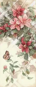 Готова вишита картина за набором Dimensions 13686 "Butterfly And Clematis" (Метелик і клематис). Елегантне вертикальне панно із зображенням рожевих квітів клематису на білій садовій решітці, на яких відпочиває метелик, вишите технікою лічильного хреста на світлій канві Aida 14 з ефектом тіньового листя.