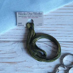 Моток бавовняного муліне ручного фарбування Weeks Dye Works 2202 Bullfrog оливково-зеленого відтінку для вишивання