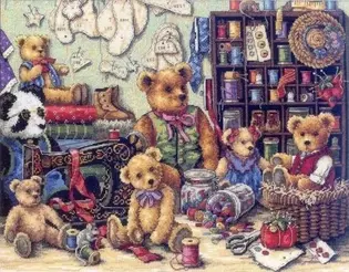 Готова вишита картина хрестиком Dimensions 35151 "Buttons and Bears" (Ведмедики і ґудзики). Деталізований сюжет затишної майстерні кравця, де плюшеві ведмедики та панда граються серед котушок ниток, ґудзиків у банках та старовинної швейної машини. Робота виконана на дрібній канві Aida 18 з використанням лічильного хреста, напівхреста та бекстітчу
