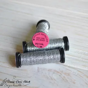 Металізована нитка Kreinik Very Fine #4 Braid кольору 001HL (Silver High Lustre) на котушці для оздоблення вишивки
