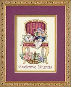 Готова вишита картина хрестиком за набором Dimensions 06954 "Teatime Welcome" (Ласкаво просимо в чаювання). Витончений сюжет із класичним стільцем, порцеляновим чайним сервізом, мереживною серветкою, букетом троянд та вітальним написом "Welcome Friends", виконаний на канві Aida 18 кольору слонової кістки.