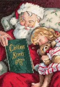 Готова вишита картина хрестиком за набором Dimensions 08786 "Christmas Stories" (Різдвяні історії). Зворушливий святковий сюжет: Санта-Клаус в окулярах читає зелену книгу дівчинці, яка солодко заснула в нього на плечі разом із плюшевим ведмедиком. Робота виконана технікою лічильного хреста на білій канві Aida 18.