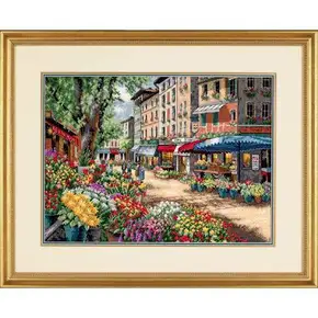 Набір для вишивання хрестиком Dimensions 35256 Ринками Парижа (Paris Market) із преміальної серії Gold Collection. Деталізована вишивка міського пейзажу з квітковими крамницями на канві Aida 18 каунта. Купити оригінальний набір для рукоділля Dimensions в Україні.