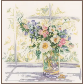 LanArte Bouquet of Flowers PN-0168743 вишитий букет різнокольорових квітів у скляній вазі на тлі вікна