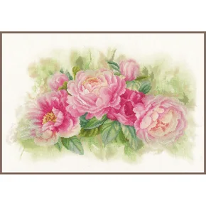 LanArte Bouquet of Peonies PN-0170933 — вишивка букета рожевих півоній на тонованому льоні Zweigart