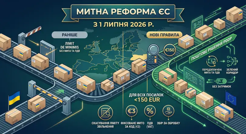 Інфографіка митної реформи ЄС 2026 року: порівняння старих та нових правил доставки посилок до 150 євро з України в Європу, нарахування мита, ПДВ та переваги системи швидкого оформлення PDDP.